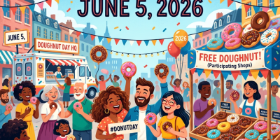 Crowd celebrating National Doughnut Day with doughnuts and festive market stalls