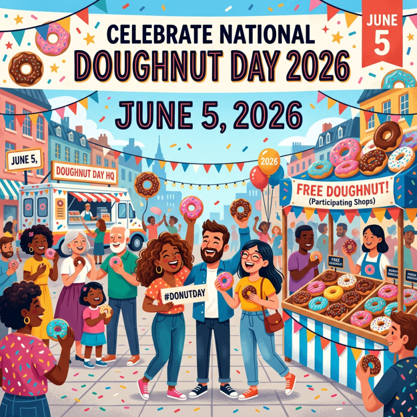 Crowd celebrating National Doughnut Day with doughnuts and festive market stalls